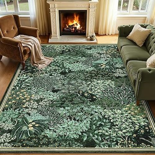 GarveeHome Forest Rugs 5x7, Dark Green Washable Area Rugs for Living Room 5x7, Botanical Low Pile Non Slip Stain Resistance Woodland Rug for Farmhouse, Bedroom, Dining Room