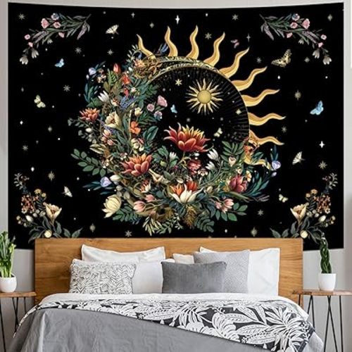 Racunbula Floral Plants Tapestry Sun and Moon Tapestry Retro Botanical Flowers Butterfly Tapestries Black Starry Sky Wall Poster Vintage Boho Aesthetic Tapestries Wall Hanging for Bedroom