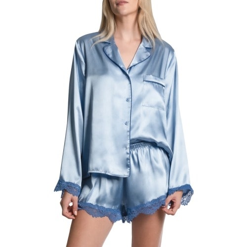In Bloom by Jonquil Felicity Lace Trim Long Sleeve Satin Shorts Pajamas, Medium, Chambray
