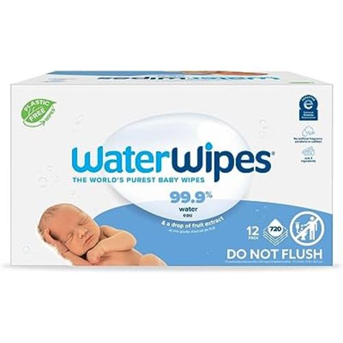 WaterWipes Plastic-Free Original Baby Wipes, 99.9% Water Based Wipes, Unscented & Hypoallergenic for Sensitive Skin, 60 Count (Pack of 12), Packaging May Vary