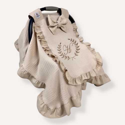 Beige Waffle Pique Car Seat Canopy Cover for Baby with Mesh Window, Personalized Embroidered Carseat Cover