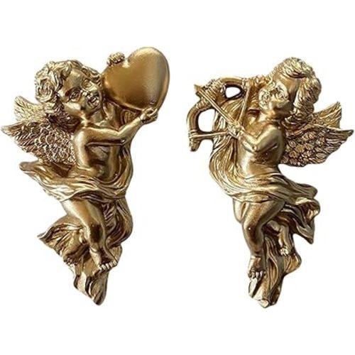 2Pcs Gold Resin Winged Angel Wall Sculptures Wall Hanging Adornment Cherub Cupid 5.3 inch Tall Adorable Angelic Figure Angel Figurines Crafts Vintage Ornament for Wedding Decor