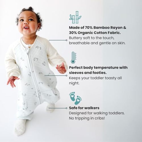 Tealbee Dreamsie: Toddler Sleep Sack with Long Sleeves and Footies 2T-3T - 0.8 TOG Summer Baby Wearable Blanket for Walkers - Organic Cotton, Rayon made from Bamboo sleep bag feet cover - Croissant