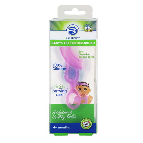 Brilliant Infant Baby's 1st Toothbrush Teether, BPA-Free Silicone Chewable Brush with Case, Pink 1Ct