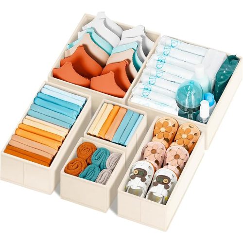 Criusia Drawer Organizer Clothes 6 Pack - Sock Underwear Drawer Organizer Divider - Dresser Organizer Bins for Closet Bedroom - Baby Clothes Organizers and Storage for Nursery Organization -Beige