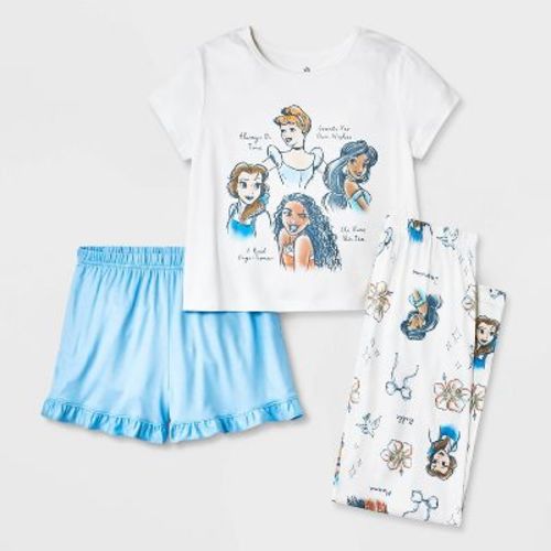 Girls' 3pc Disney Princesses Short Sleeve Pajama Set - Cream XS