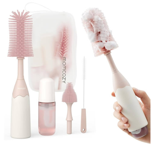 Momcozy Bottle Brush Kit, Innovative Push-Press Design for Better Cleaning - Baby Bottle Cleaner Brush for Baby Bottle, Breast Pumps, Nipples, and More - Can Generate Foam for Better Cleaning, Pink
