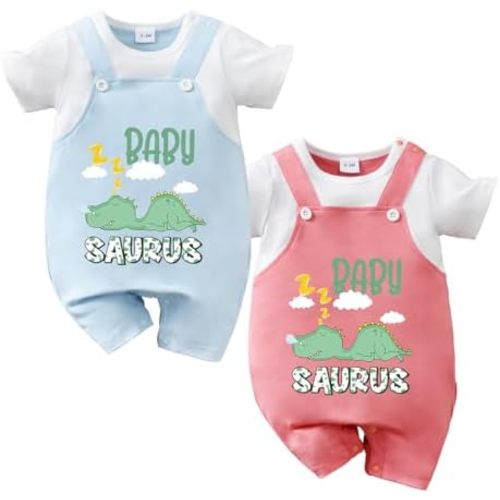 IURNXB 2-Pack Baby Dinosaur Romper Set Baby Saurus Short sleeve Overalls with Snap Bottoms Toddler Boy Girl Summer Outfit