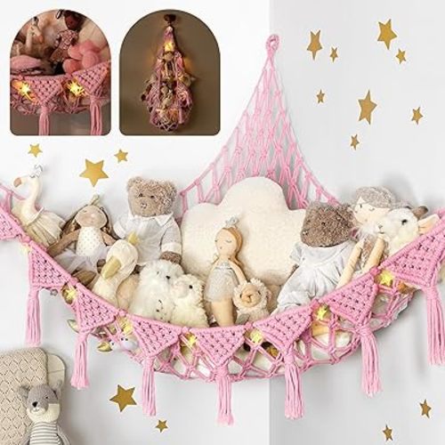 Stuffed Animal Hammock Corner | Sturdy Handcrafted Stuffed Animal Net | 4mm Double Macrame Cord Stuffed Animal Holder | Natural 100% Cotton Plushie Net | Toy Hammock w/LED Light (Pink)