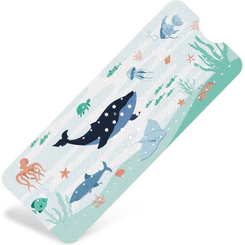 Non-Slip Bath Mat for Tub with Powerful Suction Cups, 40"x16" Large Size Quick Drain for Safety in Showers and Tubs, Machine Washable Durable PVC Comfortable & Safe (Whale)