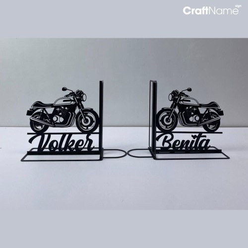 Personalized Motorcycle Bookend Metal Art, Custom Motorcycle Name Book Ends, Book Stand Black Metal, Book Nook Office Decor for Book Lover