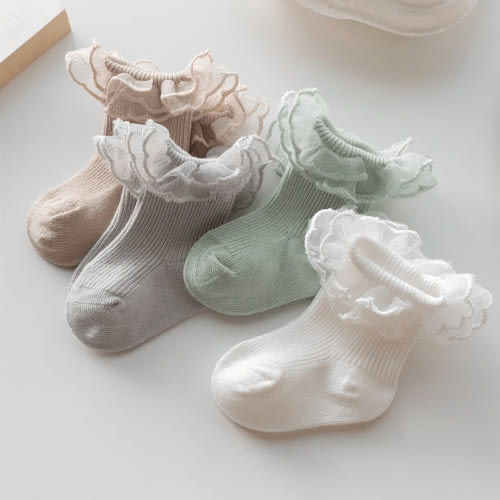 4 Pairs of Lace Stockings for Girls, Newborn Baby Princess Socks with Double Needle Design, Suitable for All Seasons