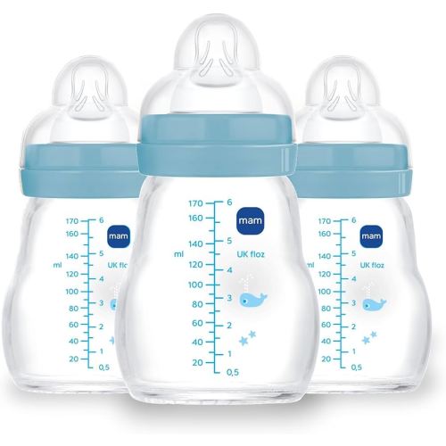 MAM Premium Glass Baby Bottles, Easy Switch Between Breast and Bottle, Feel Good Slow Flow, Newborn Essentials Must Have, 0+ Months, BPA Free, 6oz, Boy, 3 Pack