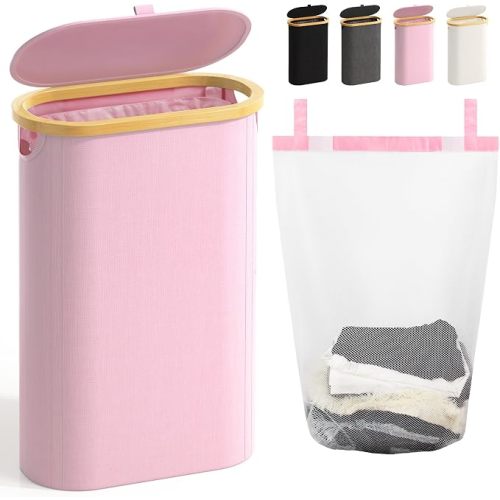 Slim Laundry Hamper with Lid, 60L Small Laundry Basket, Pink | Dirty Clothes Hamper for Laundry with Handle&Removable Bag, Bamboo Laundry Basket Organizer for Bedroom, Laundry Room, Dorm