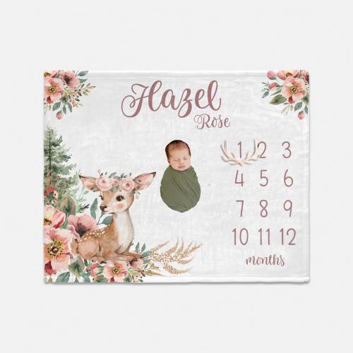 Boho Deer Milestone Blanket, Fawn Baby Deer Milestone Blanket, Girl Woodland Baby Blanket, Monthly Baby Blanket, Floral Doe Blanket W68