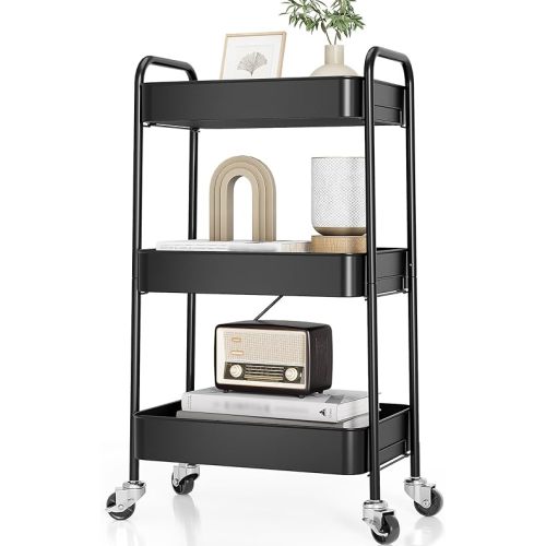 TOOLF 3-Tier Metal Rolling Cart with Wheels, Storage Utility Organizer Cart for Kitchen, Bathroom, Office, Baby Essentials & Makeup - Lockable Casters, Easy Assembly, Large Capacity, Black