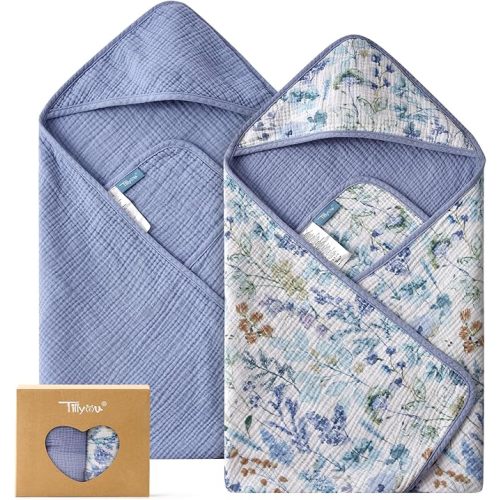 TILLYOU Muslin Hooded Baby Towels for Newborn 2 Pack, 32x32Inch Soft Baby Bath Towel Highly Absorbent for Newborn and Infant, Essential for Newborn Care, Blue Flower