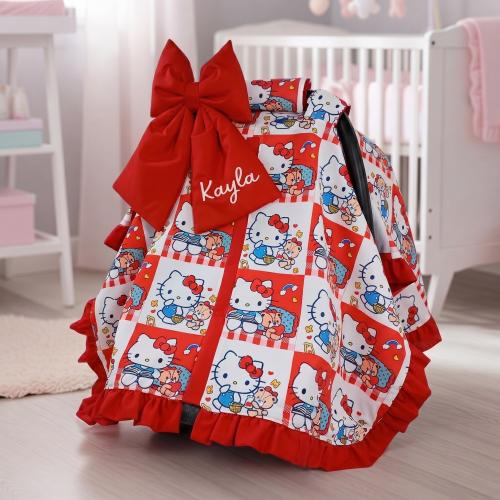 Red Hello Kitty Baby Car Seat Canopy | Personalized Name Embroidery Bow | Fits All Infant Car Seat Brands | 3-Piece Travel Set
