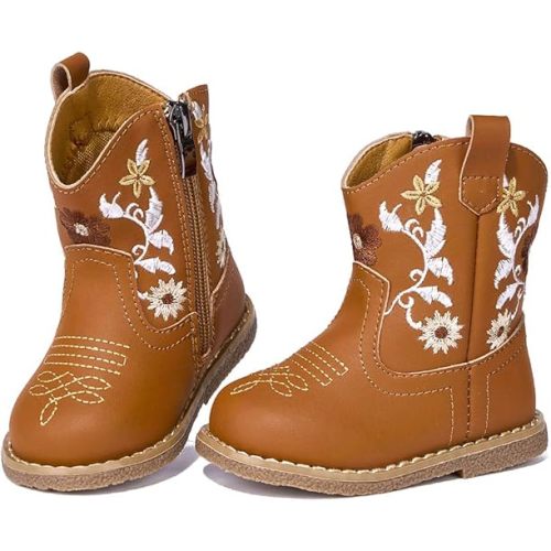Newsonet Baby Cowboy Cowgirl Boots Infant Western Boots Toddler Boys Girls Round Toe Riding Mid Calf Boots All Seasons for 6 9 12 18 24 Months