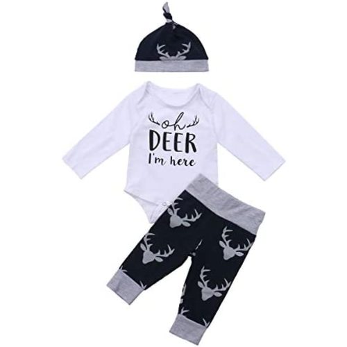 3pcs Newborn Baby Girl Boy Western Clothes Long Sleeve Letter Romper+Pattern Pants+Hat Fall Winter Outfits Set