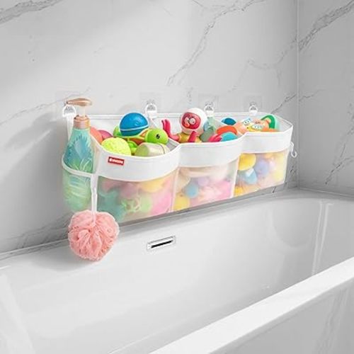 UNEEDE 3 Compartment Horizontal Bath Toy Organizer for Tub,Extra Large Capacity 4.95 Gallons Bath Toy Storage Holder,Mesh Quick Dry Bathtub Storage and Organizer,Easy Access Baby Bathtub Holder