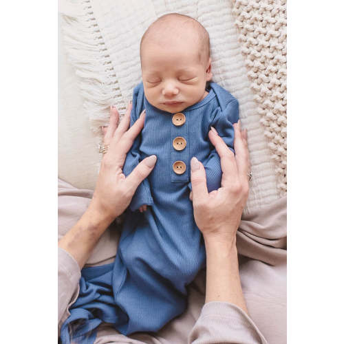 Steel Blue Ribbed Bamboo Baby Knot Gown & Hat