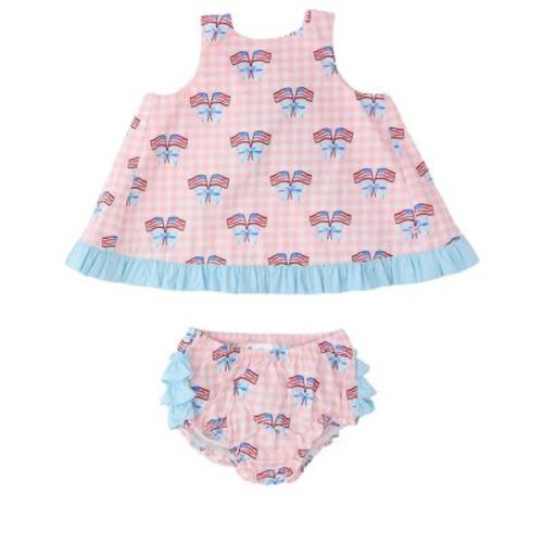 RuffleButts Baby/Toddler Woven Ruffle Swing Top and Bloomer Set - Pink Patriotic Gingham, 6-12m