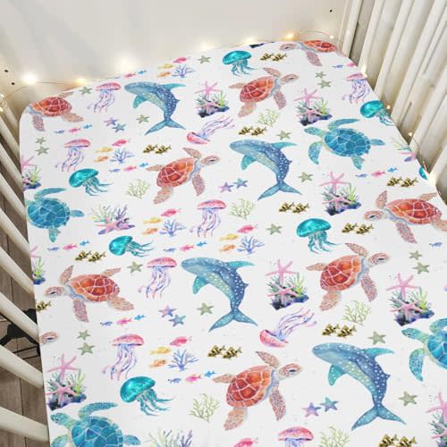Fantasy Sea Animals Baby Crib Sheets for Boy Girl 28"x52" Turtle Whale Jellyfish Corals Soft Stretchy Fitted Crib Mattress Cover Nautical Marine Life Baby Sheet for Standard Crib & Toddler Mattress