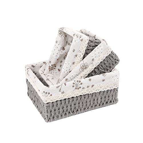 YRMT Macrame Storage Baskets Set of 3 Boho Decor Baskets for Organizing Decorative Paper Rope Woven Storage Basket with Liner Rectangular Empty Gift Basket Countertop Shelves Organizer