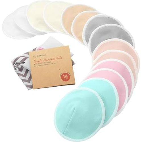 Organic Nursing Pads, 14 Washable Breast Pads,Wash Bag (Pastel Touch, L 5")