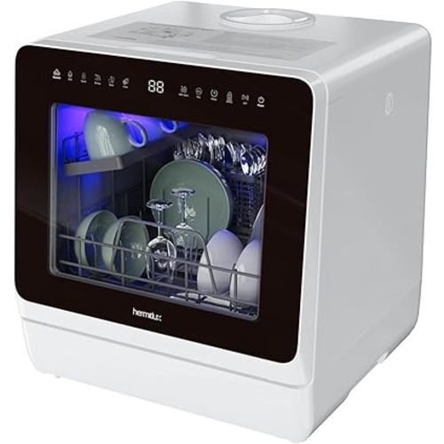 Hermitlux Countertop Dishwasher, 7 Washing Programs Portable Mini Dishwasher with 5-Liter Built-in Water Tank for Apartments & RVs, LED Light, Glass Door, No Hookup Needed