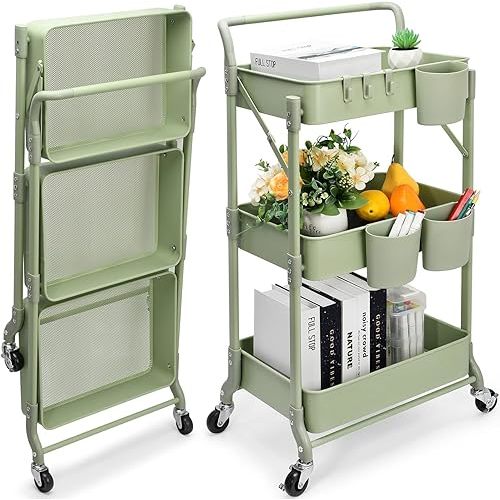 Foldable 3 Tier Rolling Cart, Folding Metal Utility Cart with Wheels
