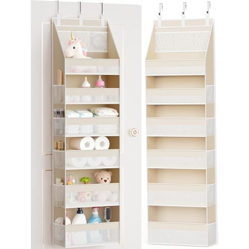 Criusia Over the Door Organizer, 6-Shelf Closet Hanging Storage with 13 Mesh Pockets, 55lbs Capacity Behind the Door Storage for Baby Nursery, Bathroom, Bedroom, and Dorm, Beige