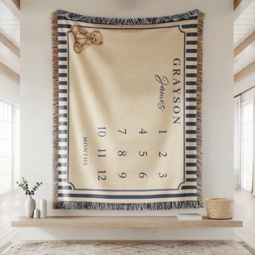 Personalized Baby Milestone Blanket, Teddy Bear Blanket, Navy Blue Growth Tracker