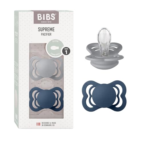 BIBS Supreme Baby Pacifier 2-Pack | Made in Denmark | BPA Free Dummy Soother, Symmetrical Nipple. Silicone, Size 1 (0-6 Months), Cloud/Steel Blue