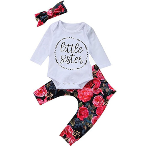 Baby Girls Little Sister Bodysuit Tops Floral Pants Bowknot Headband Outfits Set - 0 - 6 Months - Style 1