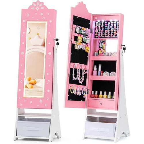 Costzon Kids Jewelry Armoire with LED Lights, Lockable Freestanding Jewelry Organizer with Full-Length Mirror, Storage Drawers, Children Dress Up Mirror Jewelry Cabinet for Little Girls (Pink)