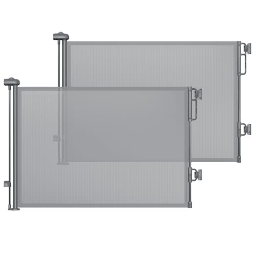 Cumbor 2-Pack Retractable Dog Gates for Stairs, 55" Wide Soft Mesh Gate for Pet with One Hand Opening, 34" Tall Safety Gate with Pet-Proof Top Lock for Bedroom, Doorways, Indoor/Outdoor, Gray