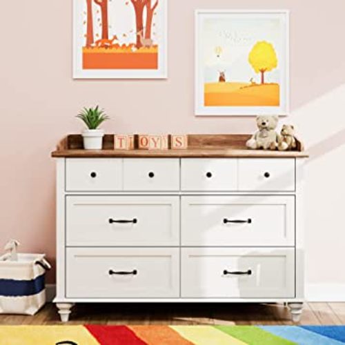 WAMPAT Dresser for Kids Bedroom with 6 Drawers, Mid Century Baby Dresser Wide Chest of Drawers with Storage Cabinet Organizer for Nursery, Living Room, Off White