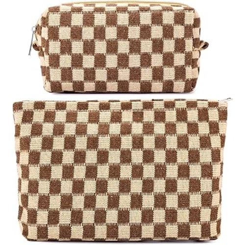 ZLFSRQ 2Pcs Checkered Makeup Bag for Women Large Small Checkered Cosmetic Bag Set Aesthetic Preppy Pencil Case Cute Pencil Pouch Brown Makeup Pouch for Purse Travel Toiletry Bags Zipper Skincare Bags