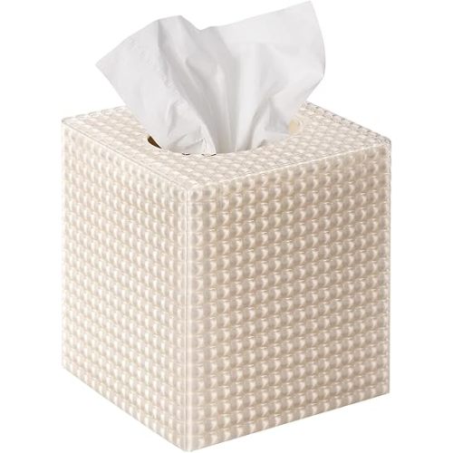 Tissue Box Cover, Square Modern Facial Acrylic Tissue Holder, Aesthetic Cube Napkin Dispenser Accessories for Bathroom Vanity Countertop, Night Stand, Office Beige
