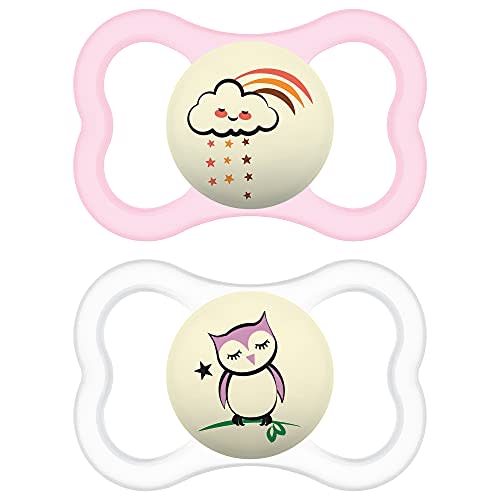 MAM Supreme Night Baby Pacifier, for Sensitive Skin, Patented Nipple, 2 Pack, 6-16 Months, Girl,2 Count (Pack of 1)