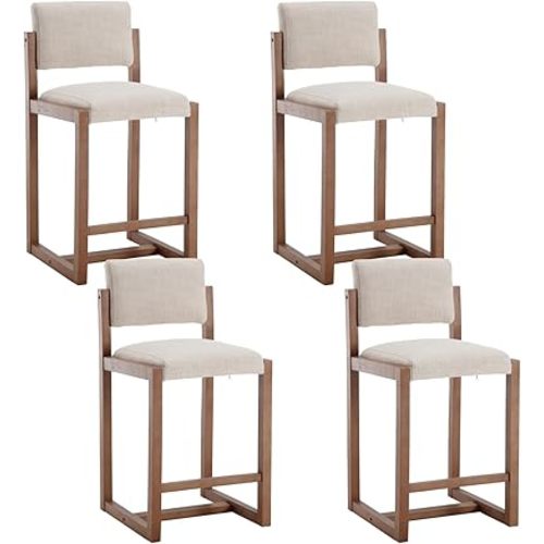 DUOMAY Modern Bar Stools Set of 4, 26" Counter Height Barstools, Linen Upholstered Kitchen Island Chair with Wood Legs for Home Bar Coffee Shop, Beige