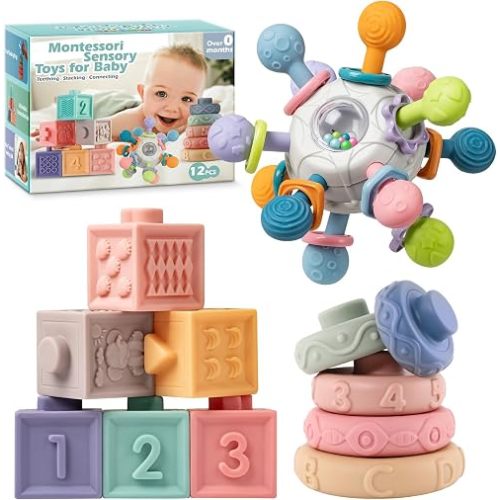 SpringFlower 3 in 1 Montessori Toys for Babies 0-3-6-12 Months, Rattle Teether & Baby Blocks & Soft Stacking Rings, Sensory Developmental Education Toys,Gift for Toddler Baby 0-3-6-12-18 Months