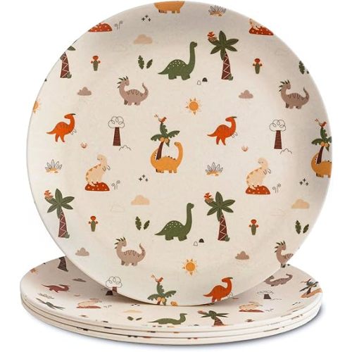 Nook Theory 4 Pack Reusable Bamboo Plates - Non-Toxic Toddler and Kids Plate, Dishwasher Safe, Not Microwavable Dinnerware (Dino 8")