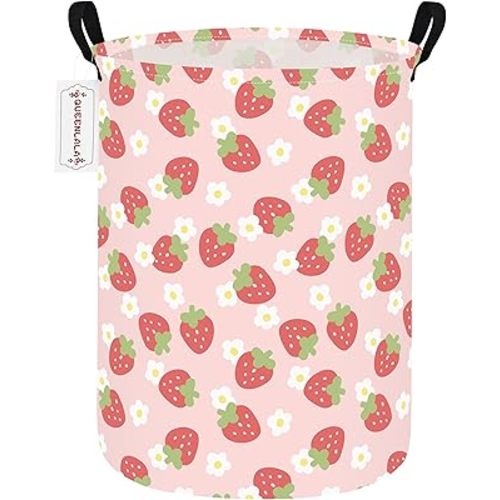 Round Waterproof laundry basket, Laundry Hamper for Nursery, Kids Toy Box Storage for Girls Boys, Diaper or plush toy gift basket, Foldable Fabric Basket(Round-Pink Strawberry)