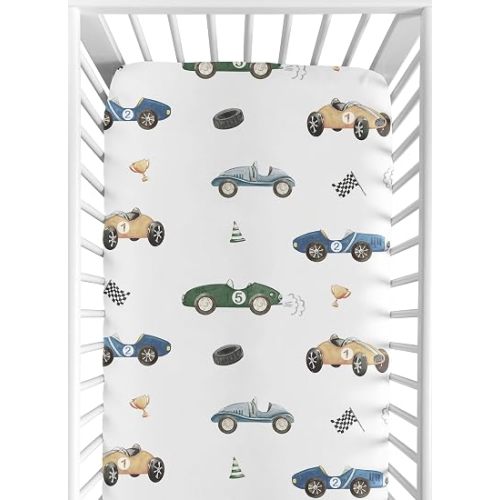Sweet Jojo Designs Fitted Baby Crib Sheets (Vintage Race Car) for Boys, Infant Nursery, Toddler Room - Standard Size (Blue, Green and Yellow Colorful, Fast Racecars, Cartoon Cars, Motorsport, Tires)