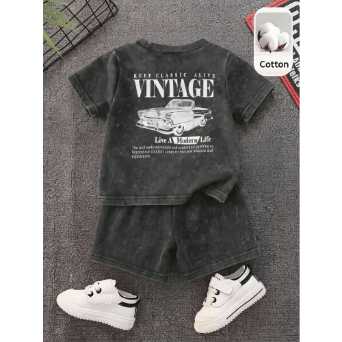 SHEIN 2pcs/Set Baby Boy Summer Casual Street Style Denim Knit Top And Denim Shorts Set, Infant Boy Outfit, Denim Set, T-Shirt Set, Holiday Set, Summer Set, Racing Set | SHEIN USA
