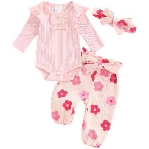 BemeyourBBs Newborn Baby Girl Clothes Ruffle Romper Bodysuit Top Floral Bow Pants Set with Headband Infant Fall Winter Outfit