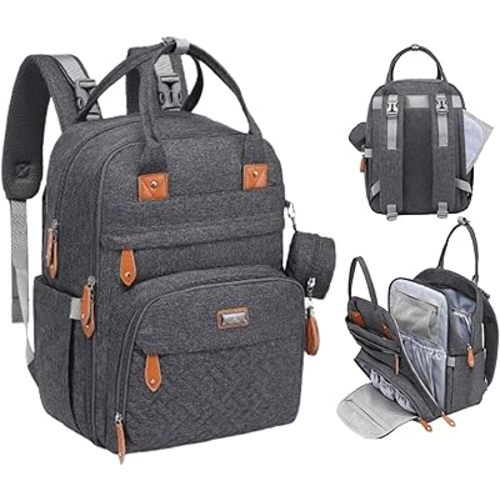 BabbleRoo Diaper Bag Backpack - Baby Essentials Travel Tote - Multi Function Water Resistant Diaper Bag, Travel Essentials Baby Bag with Changing Pad, Stroller Straps & Pacifier Case - Dark Gray